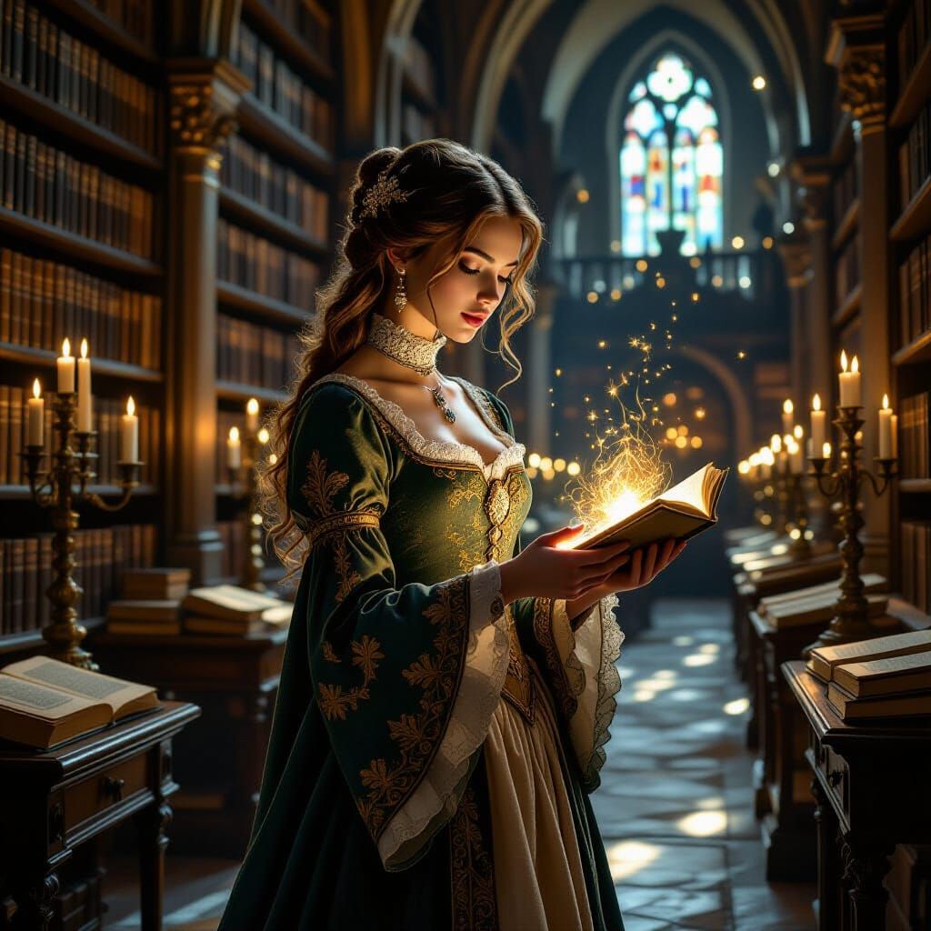 Medieval Woman in Ancient Library, Pre-Raphaelite Style