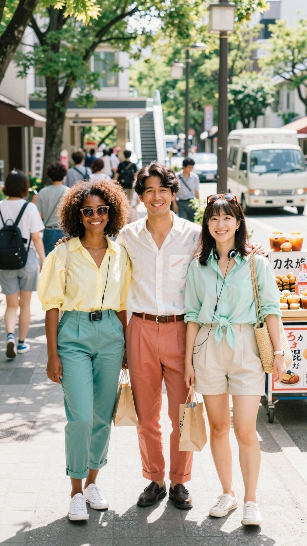 Friends Enjoying Sunny Day on Sendai Boulevard in 80s Style