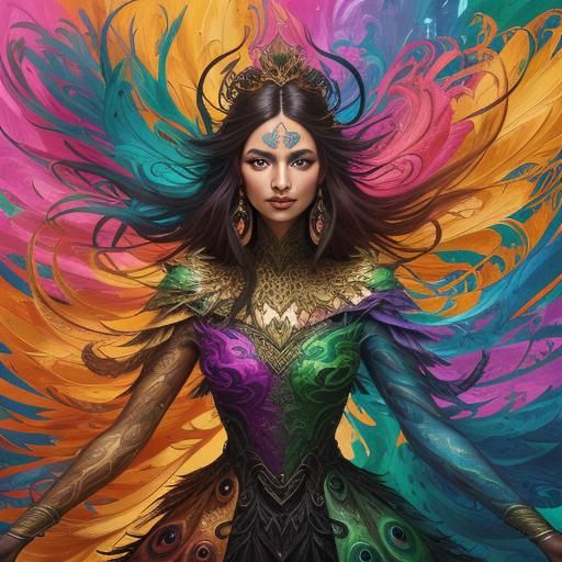 Dragon Peacock Woman Portrait in Abstract Expressionism