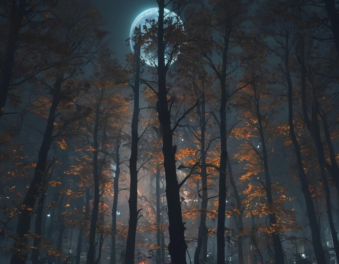 Neon City in Black Forest Under Giant Moon