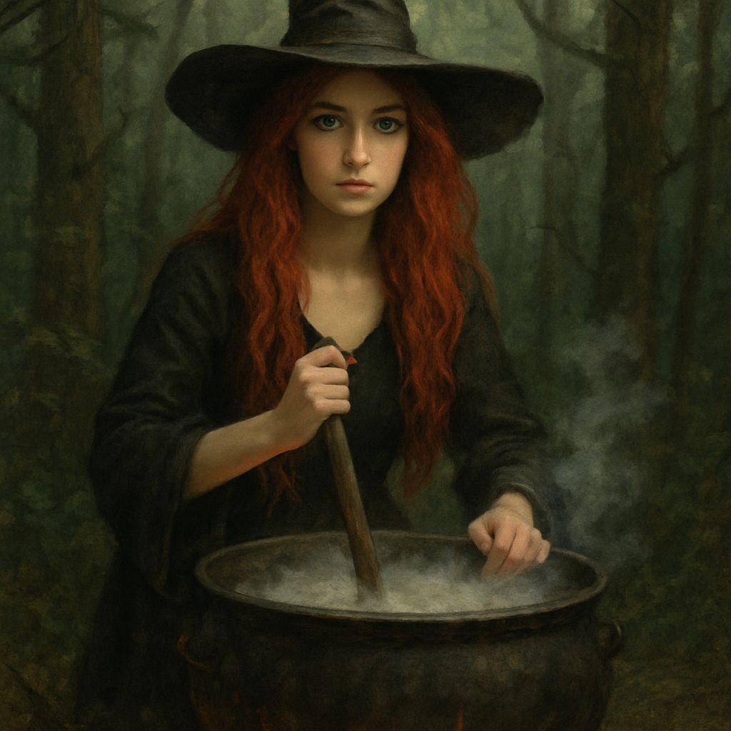 Red-Haired Witch Stirring Cauldron in Woods