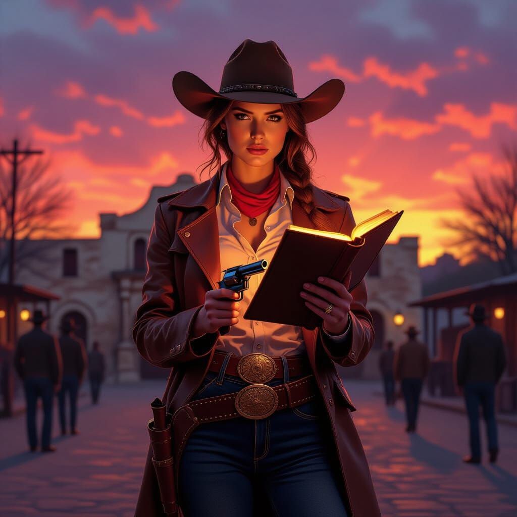 Cowgirl Justice at Vaporwave Sunset: Cinematic Illustration