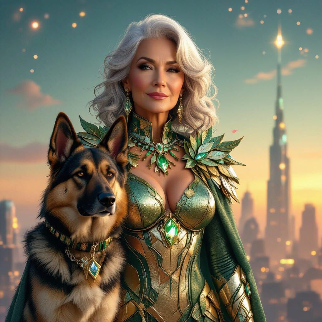 Confident Woman with Curves in Sci-Fi Cityscape