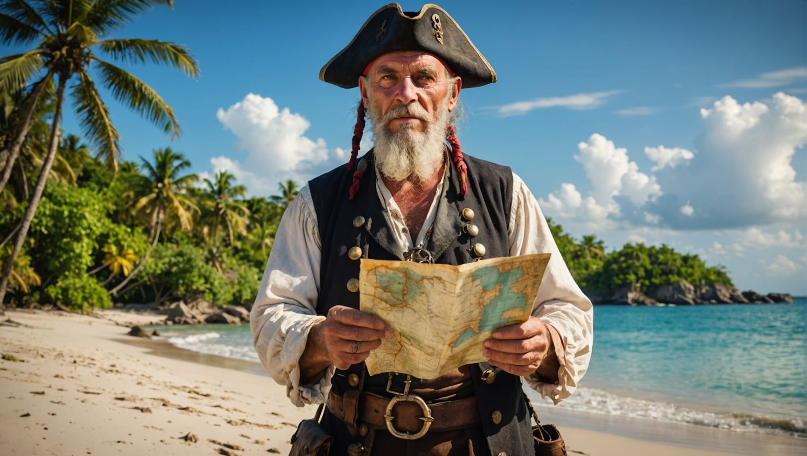 Pirate with Treasure Map on Tropical Island