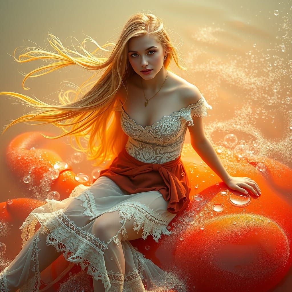 Bohemian Woman on Gummy Crab in Dreamlike Soda Sea
