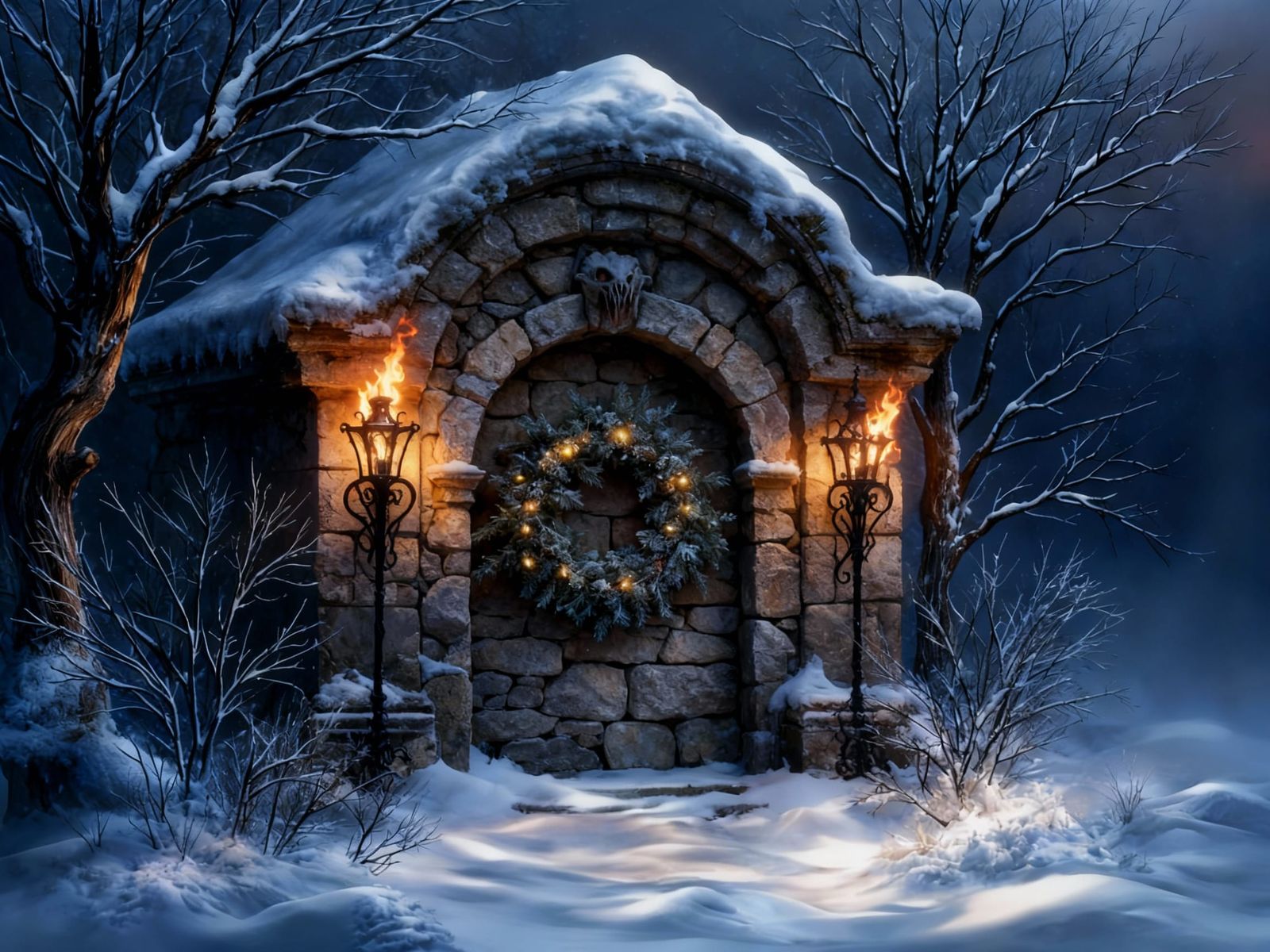 Christmas Tomb Door in Snowy Night Scene