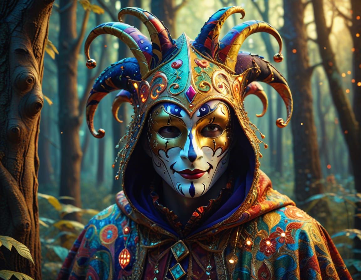Surreal Jester in Whimsical Forest: Expressionist Art