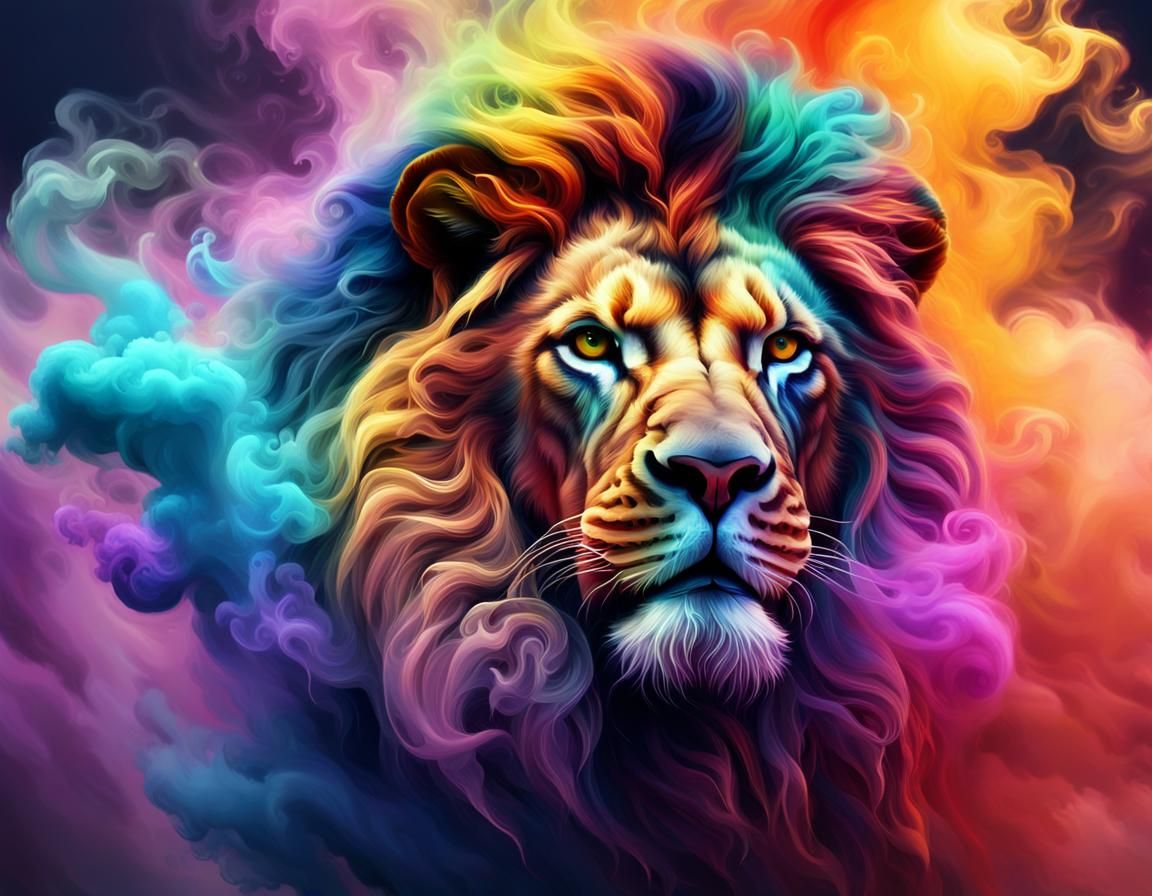 Majestic Rainbow Lion Emerges from Smoky Clouds