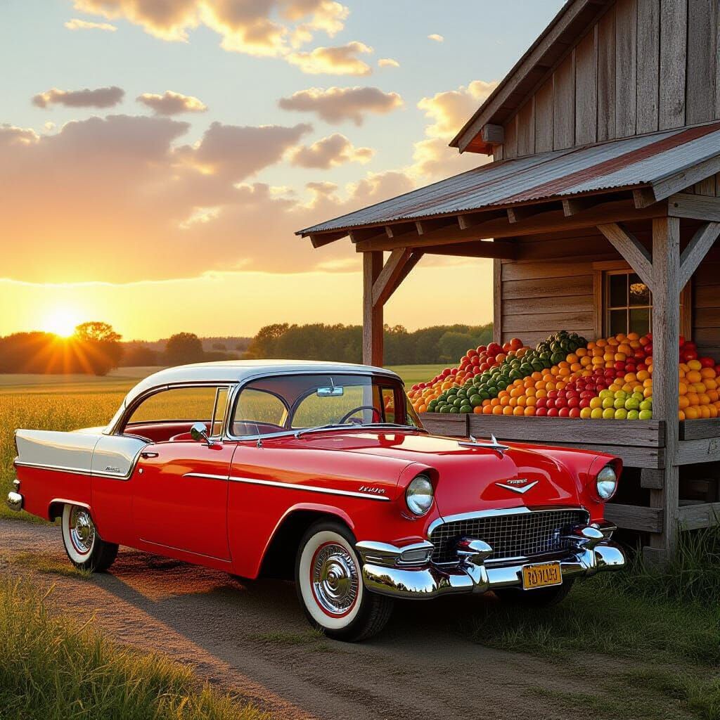 Vintage Car at Farmstand: Nostalgic Americana Art