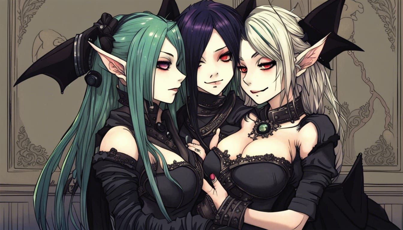 Goth Goblin Lesbians Kissing in Anime Manga Style