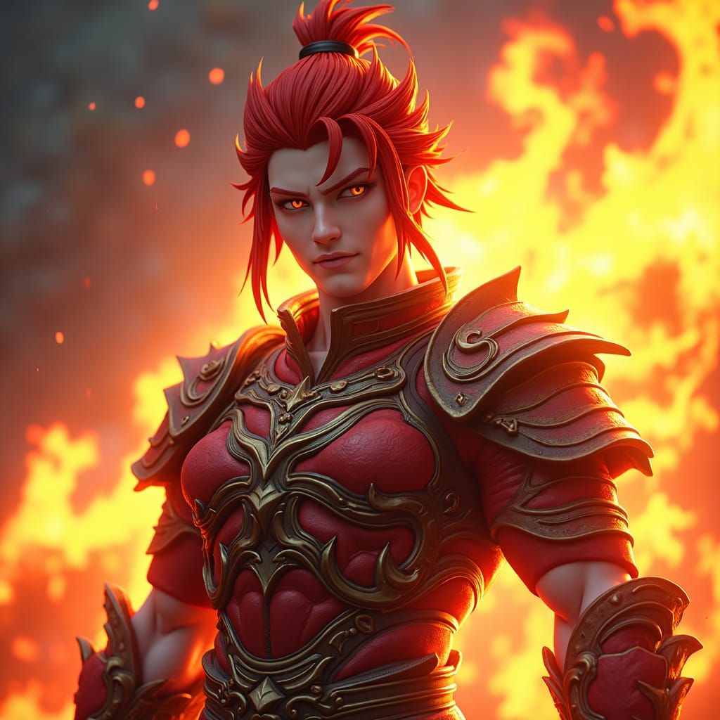 Heroic Red-Haired Man Amidst Blazing Inferno
