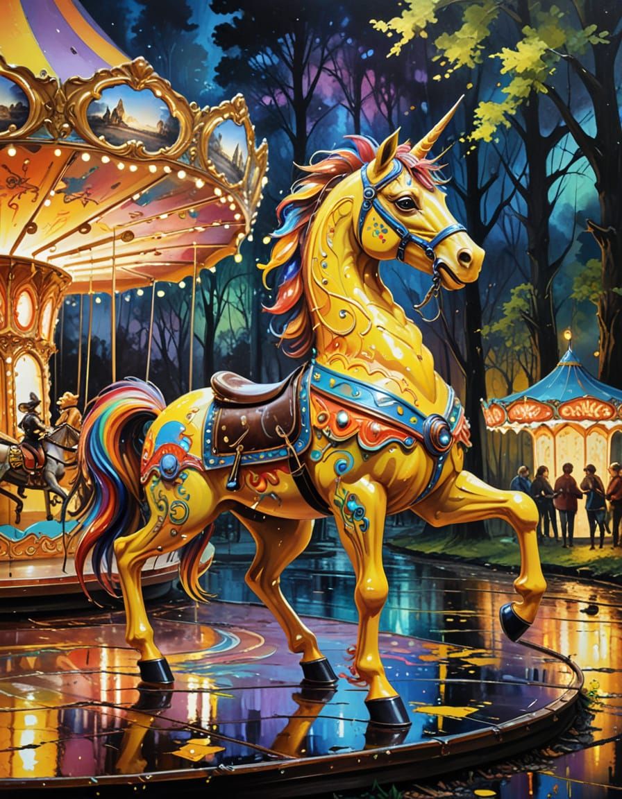 Steampunk Carousel with Mythical Creatures in Vivid Colors