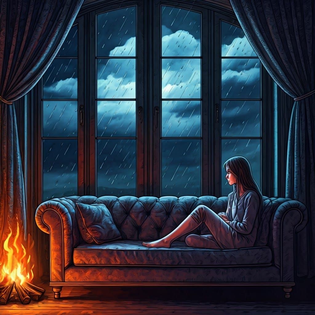 Girl in Thought by Rainy Window, Watercolour