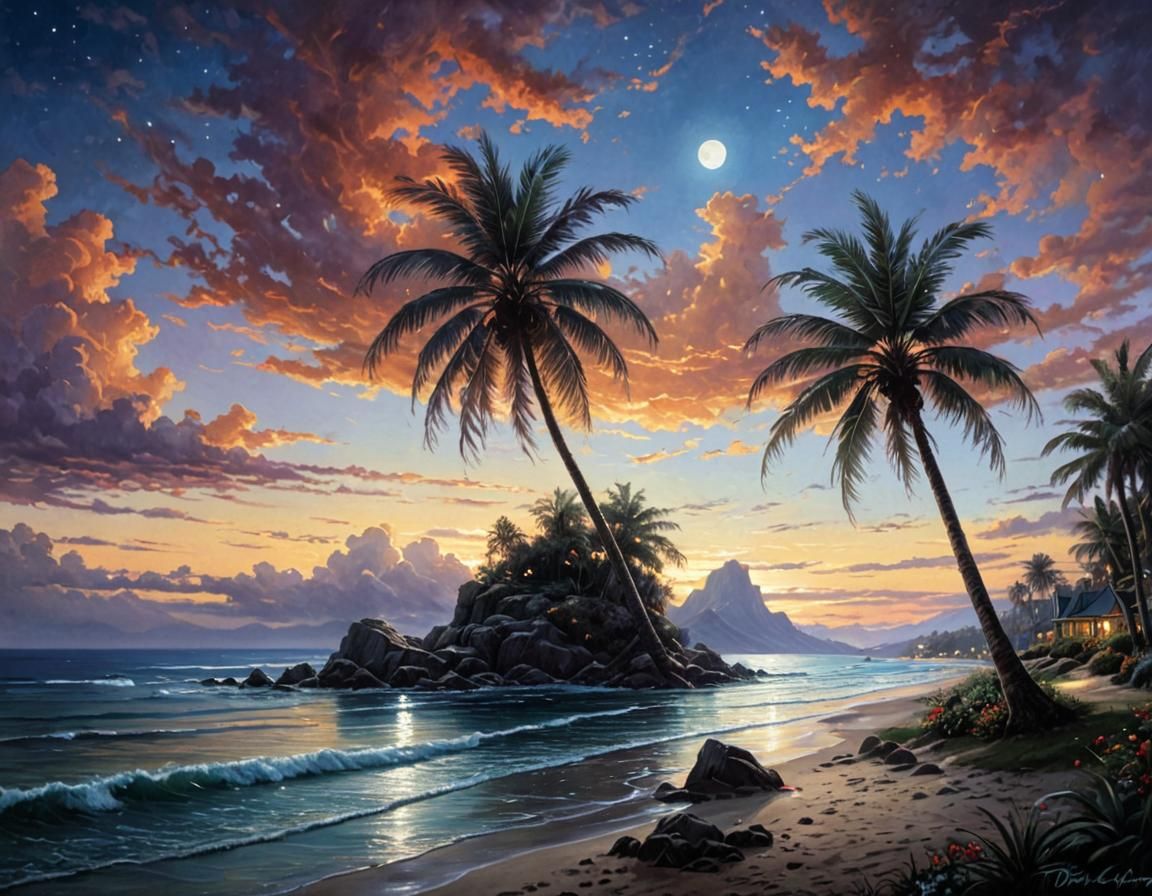 Night Palm Tree Painting with Luminist Lighting