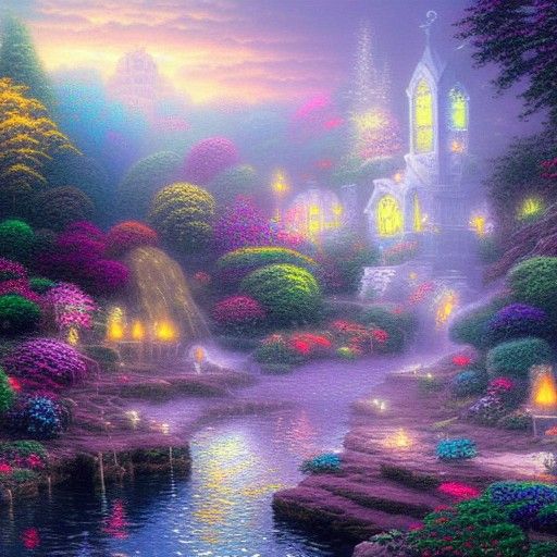 Raver's Ethereal Fantasy: A Thomas Kinkade Inspired Scene