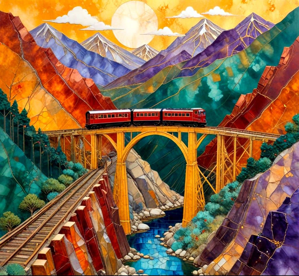 Impasto Train Crossing Mosaic Landscape