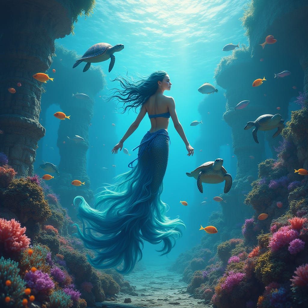 Mystical Mermaid Queen in Vibrant Underwater City