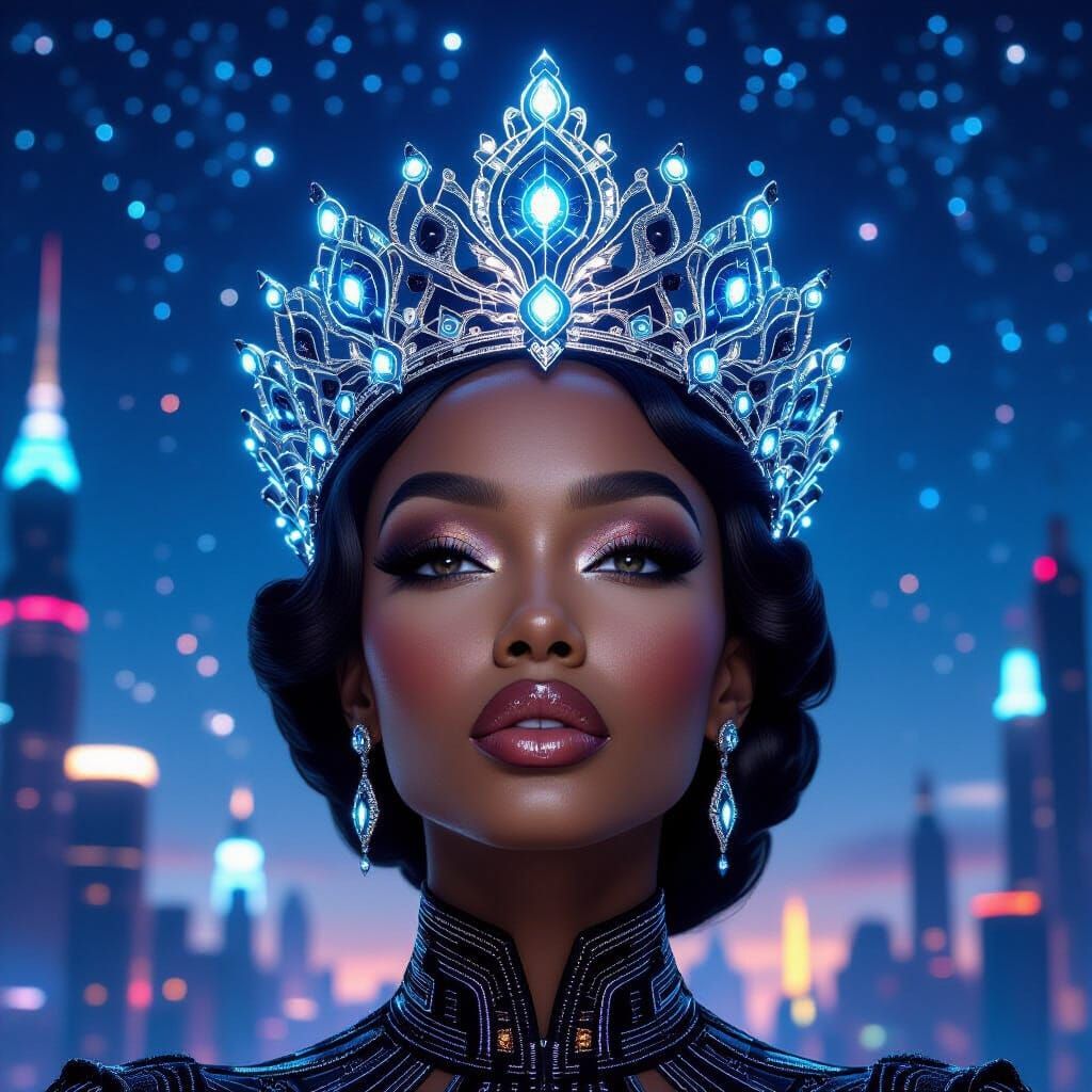 Futuristic Regal Tiara on Beauty Queen in Neon City