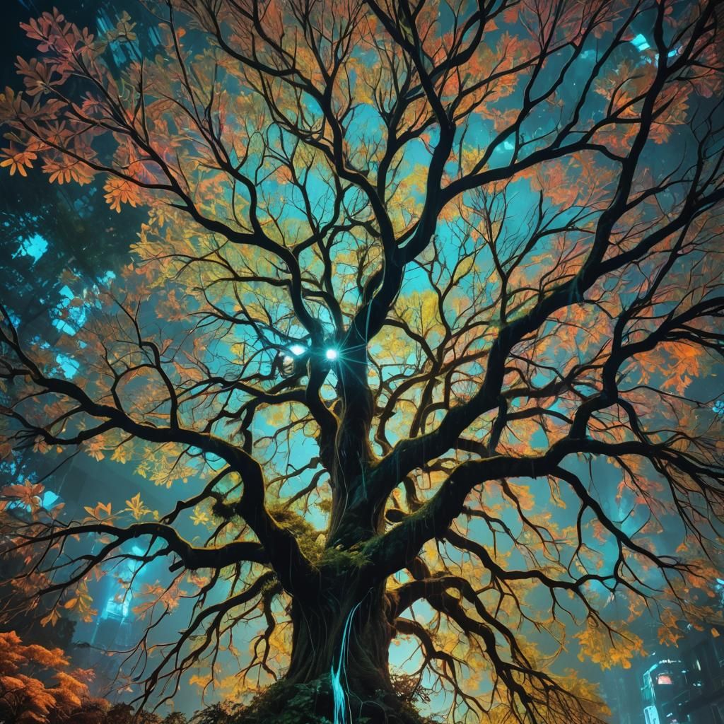 In the midst of a solarpunk bewitching neon jungle, a majest...