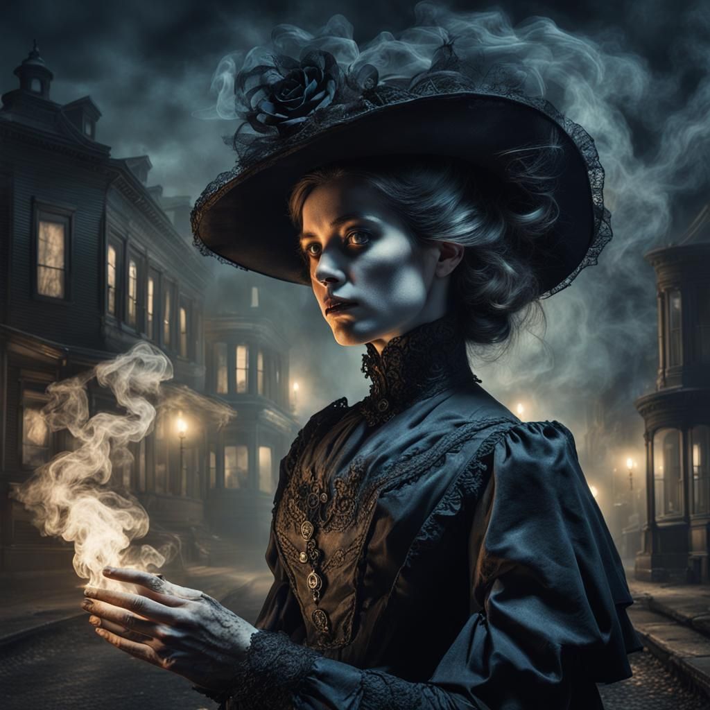 Ghostly Girl in Smoky Victorian Town at Night