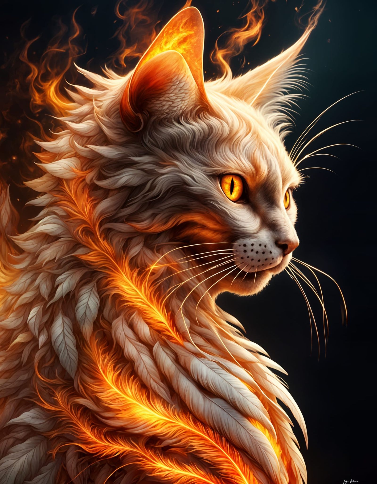 Fiery Feline Phoenix in Fractal Surrealism
