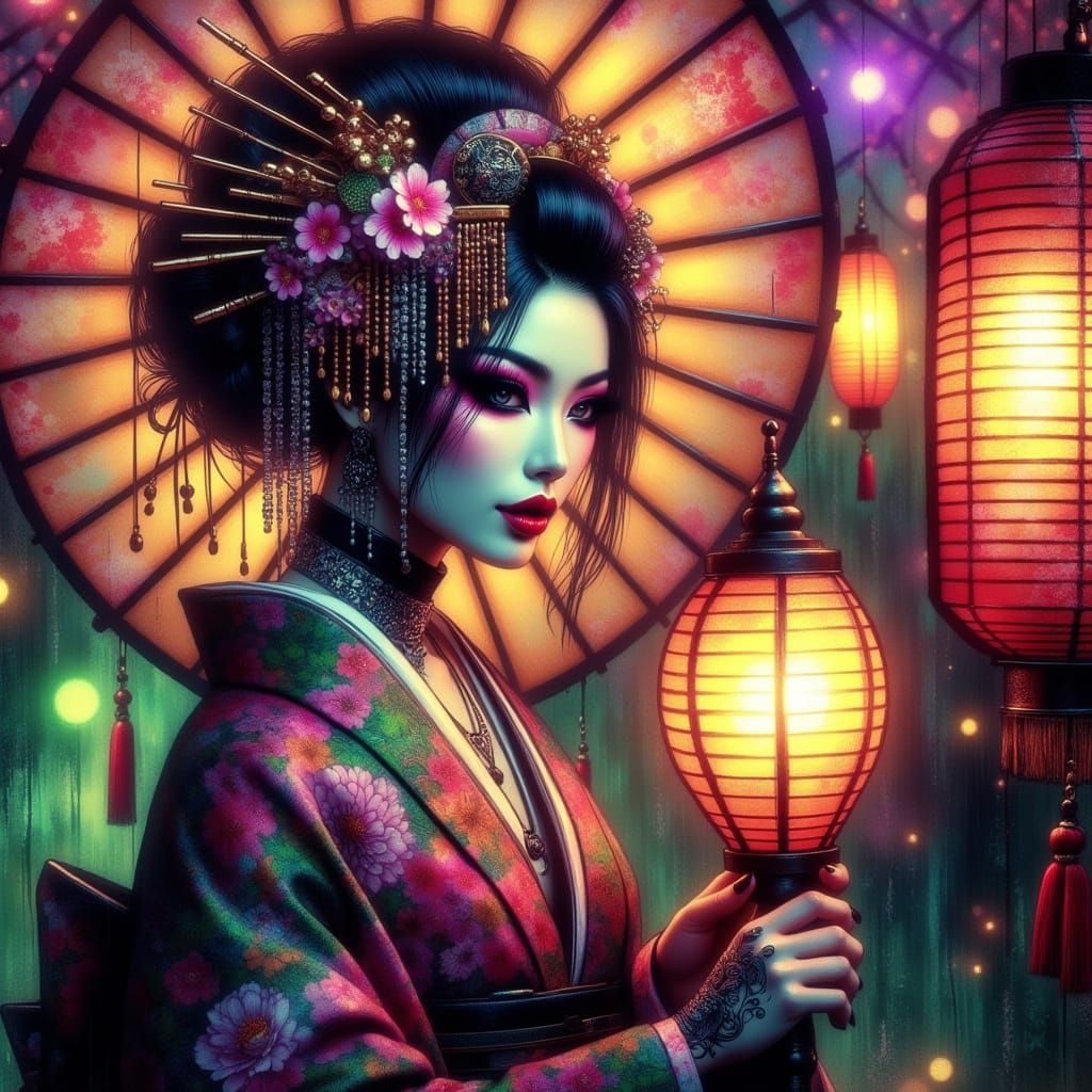 Geisha in Ornate Kimono at Masquerade Ball
