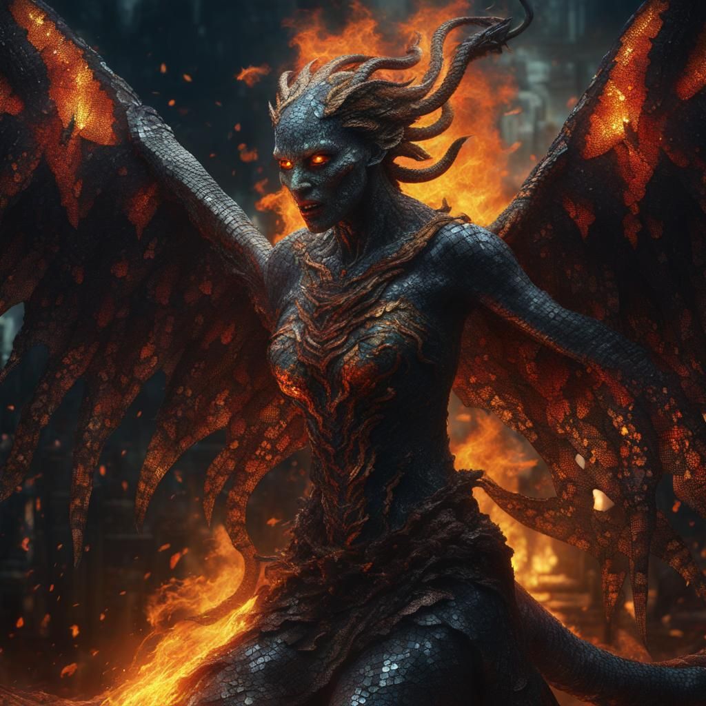 "A creepy mosaic woman snake demon