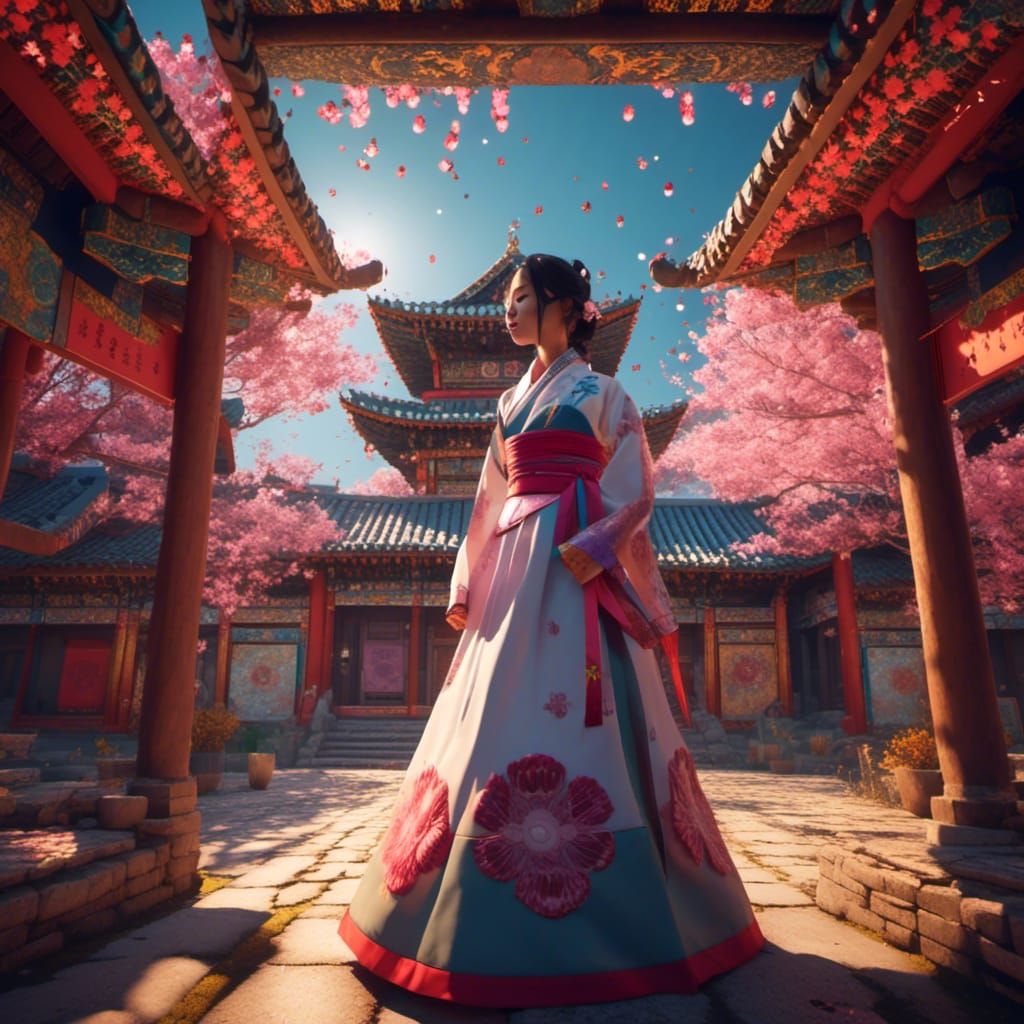 a woman in a korean hanbok at a temple in korea <lora:PurpleFantasy:1.0>