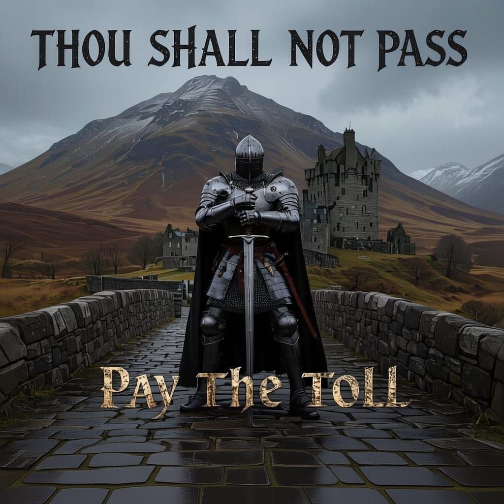 Knight Guards Bridge to Scottish Castle in Highland Landscap...