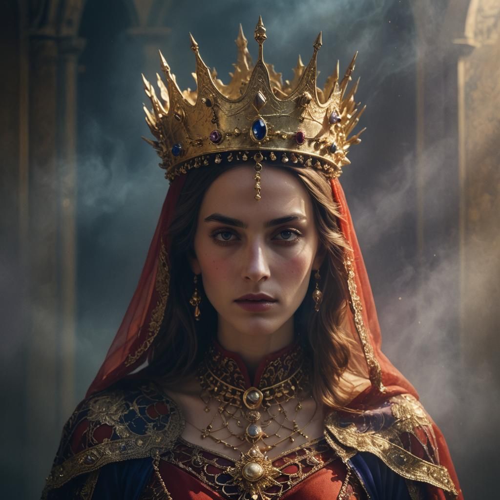 Celestial Fashion: Lady in Red with Golden Crown