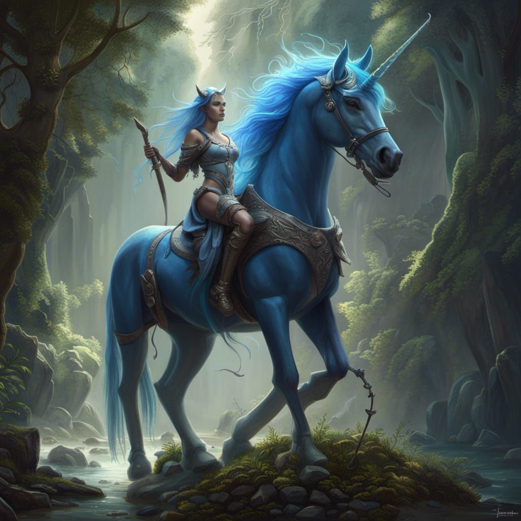 Blue Unicorn and Elf Rider: Digital Art