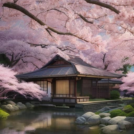 Anime Girl in Japanese Garden with Cherry Blossoms
