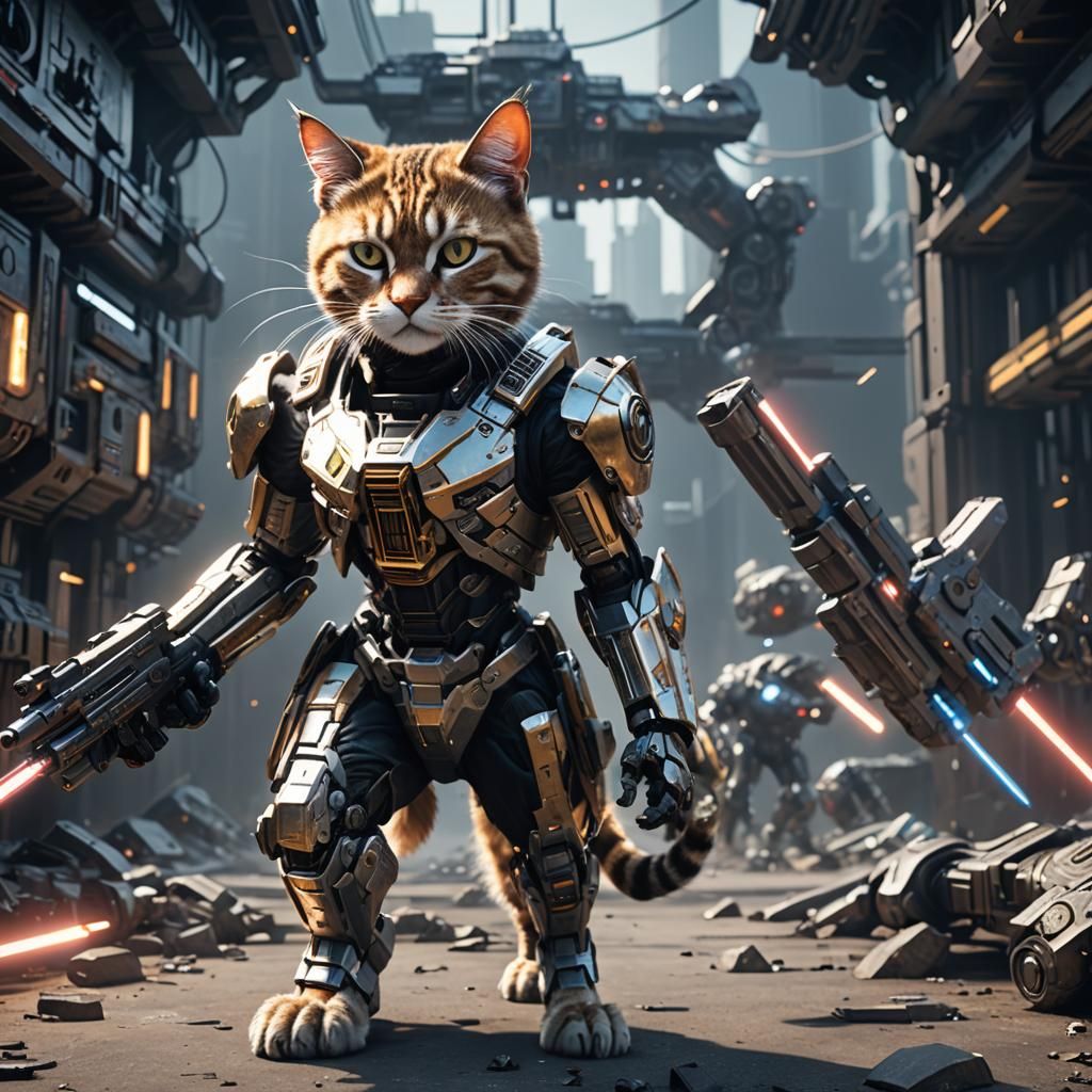 Futuristic Cat Warrior with Laser Swords