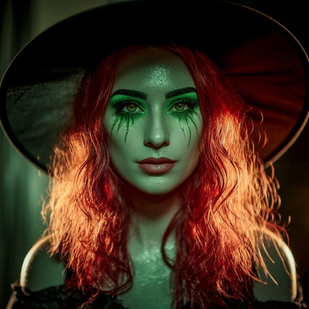 Striking Witch Portrait with Red Hair and Green Eyes