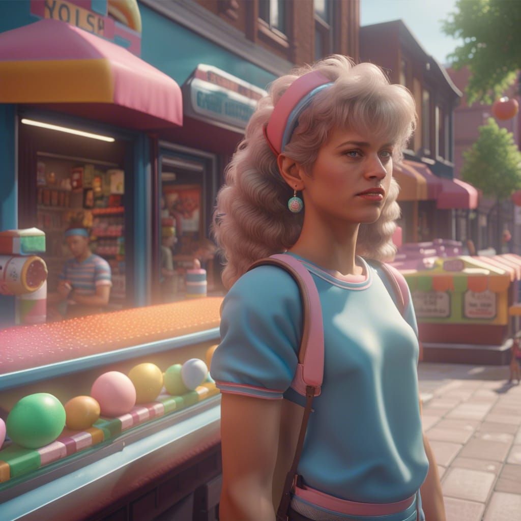 Vibrant 1980s Sidewalk Scene in 3D Cinematic Style