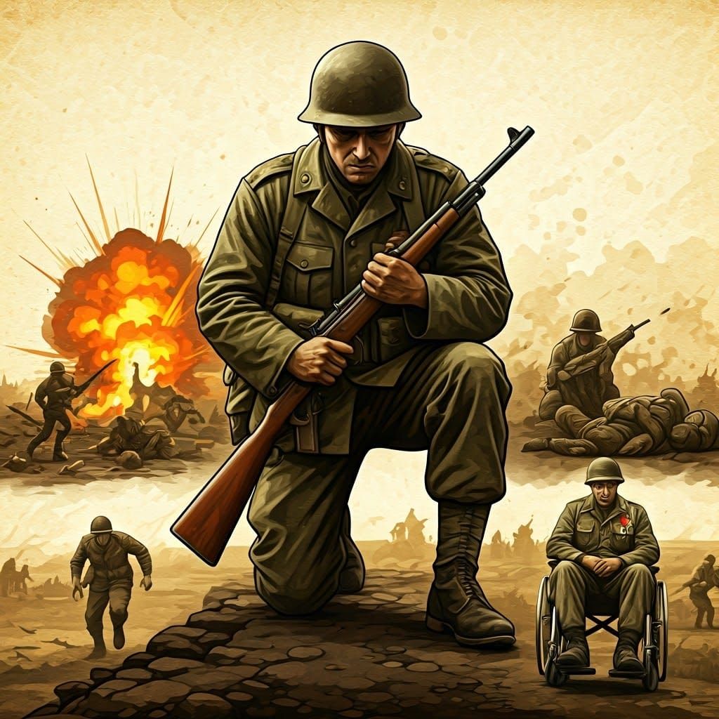 Soldier's Reflection: Battlefield Montage in Etching Style