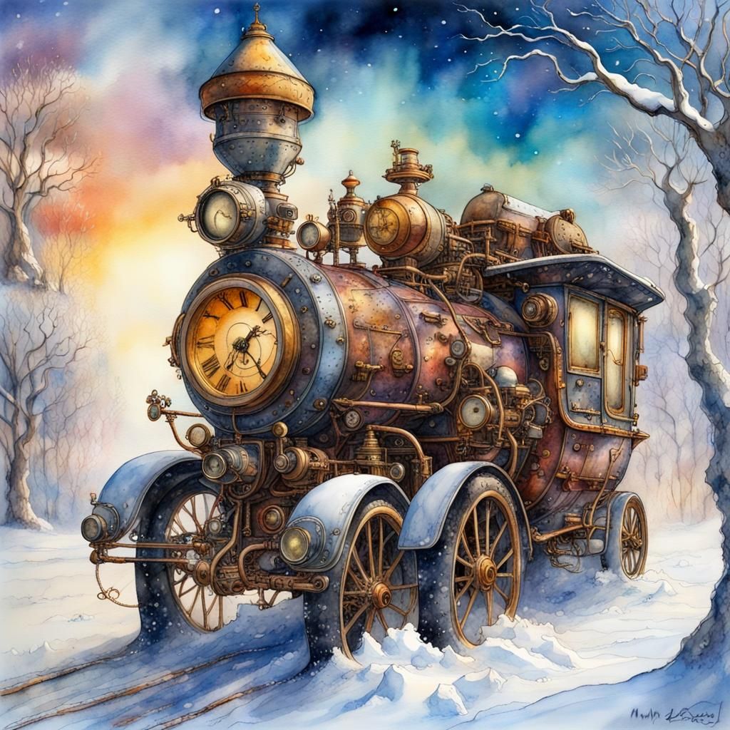 Steampunk vehicles in a snow-covered Wonderland.