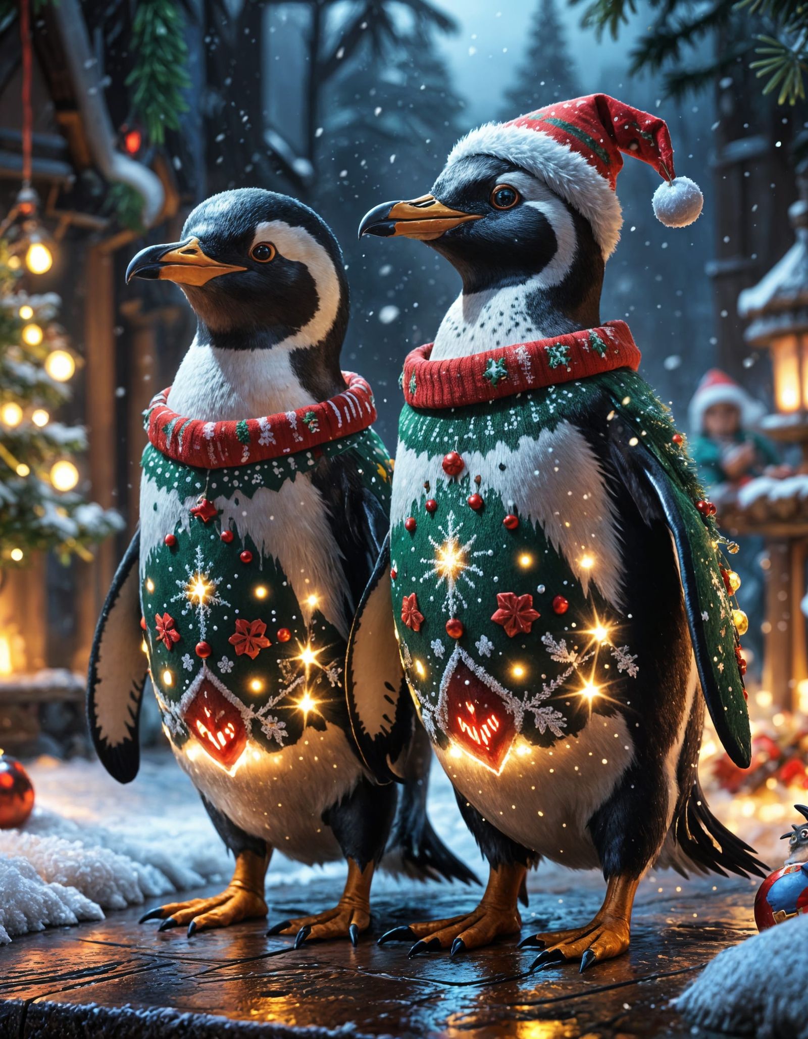 Penguins in Vibrant Ugly Christmas Sweaters