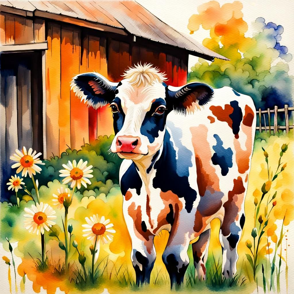 Cute Baby Cow in Farm, Watercolor Impressionism