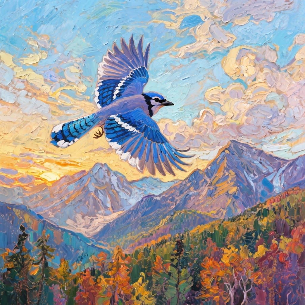 Blue Jay Flies Over Mountains in Impasto Art Style