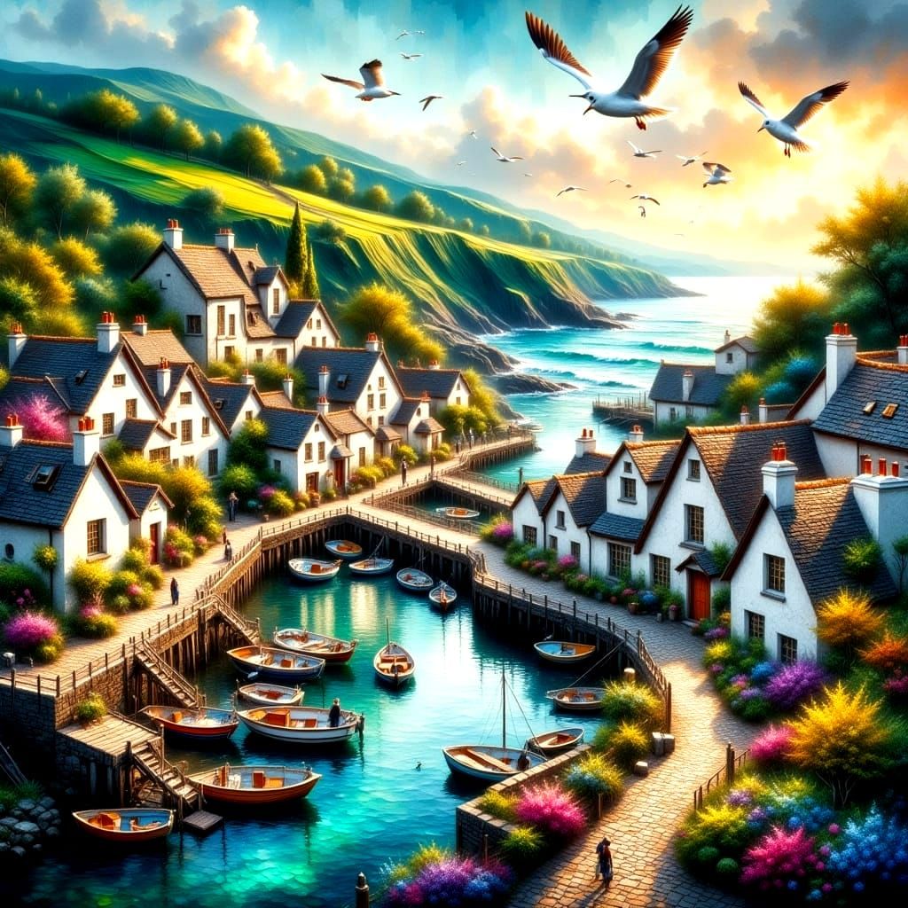 Whitewashed Cottages Clustering Around a Serene Harbor in a ...