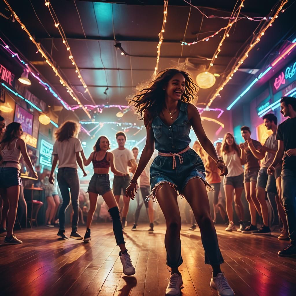 Energetic Dance Floor Celebration in Cinematic Style
