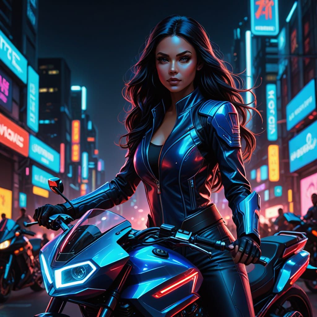 Blue Elf Rides a Neon Motorcycle: Sci-Fi Art