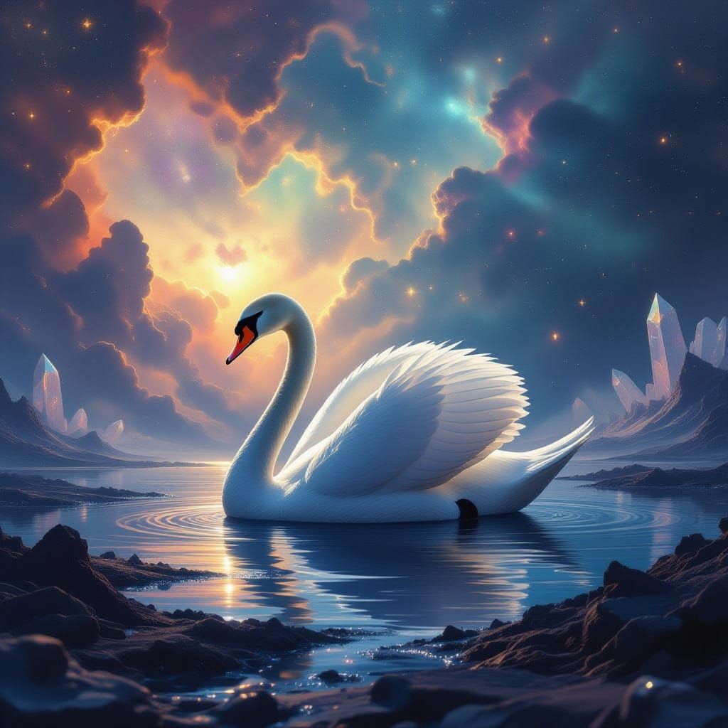 Majestic Swan in Cosmic Nebula Sky Over Alien Landscape
