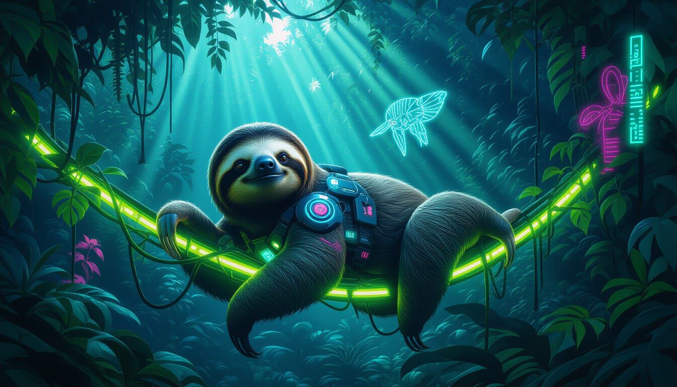 Cybernetic Sloth in Neon Jungle
