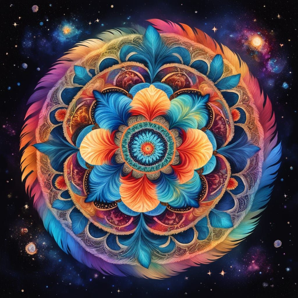 Vivid Feather Mandala Floating in Cosmic Space