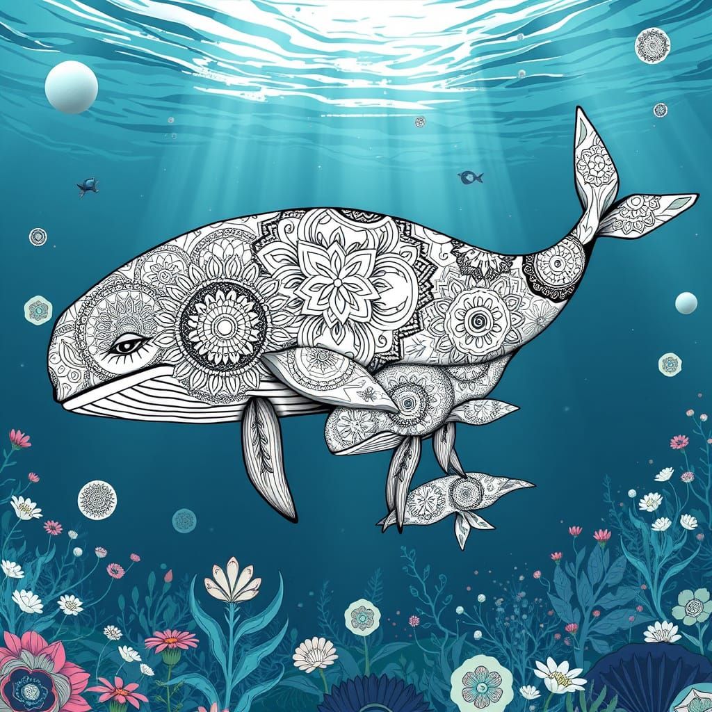 Majestic Whale and Calf in Intricate Mandalas, Black and Whi...