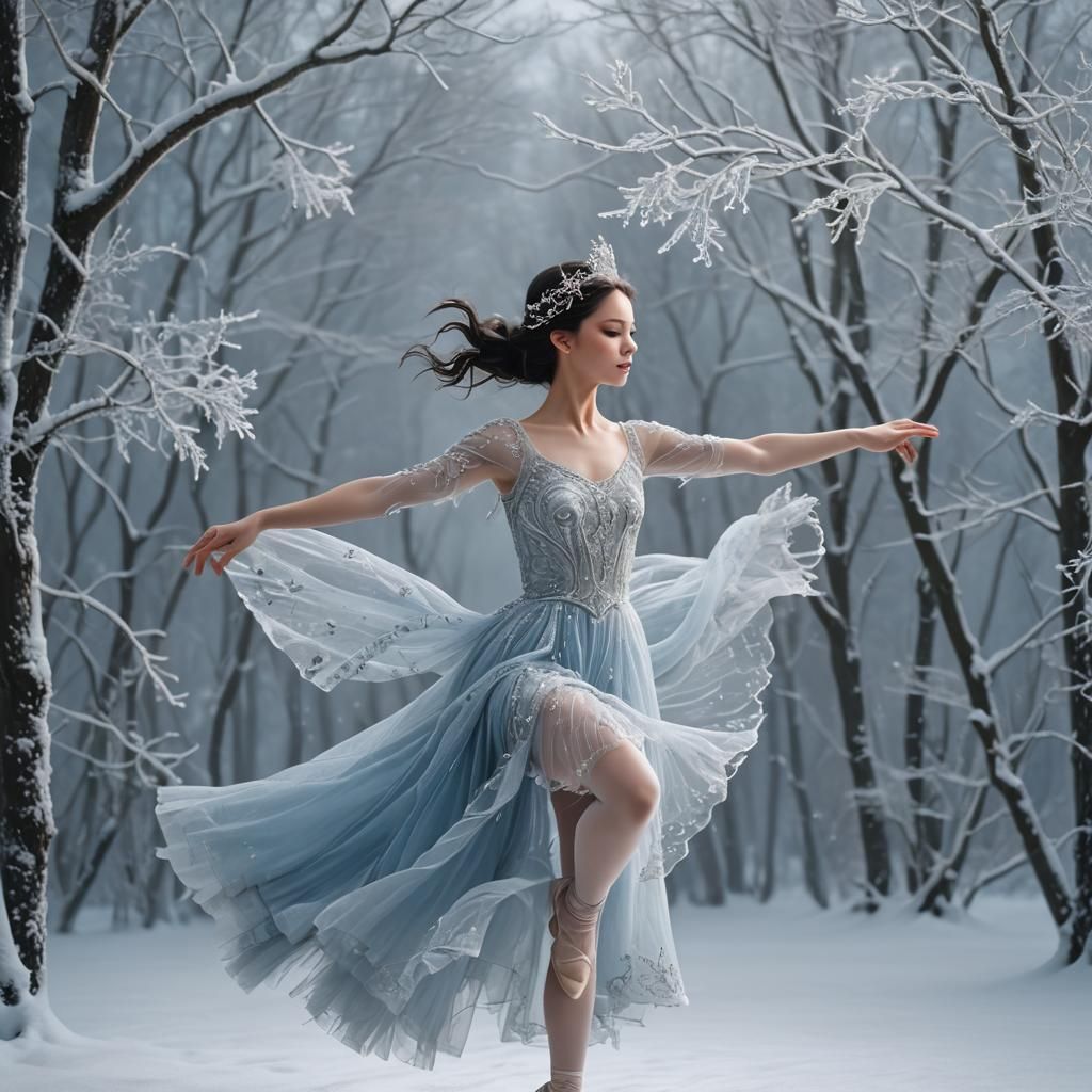 Ballerina's Leap in Winter Wonderland, Detailed Matte Painti...