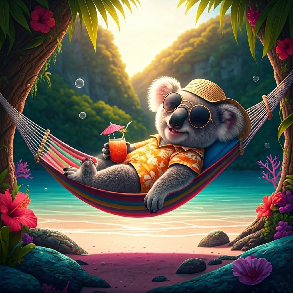 Koala's Tropical Beach Vacation in Hyperrealism