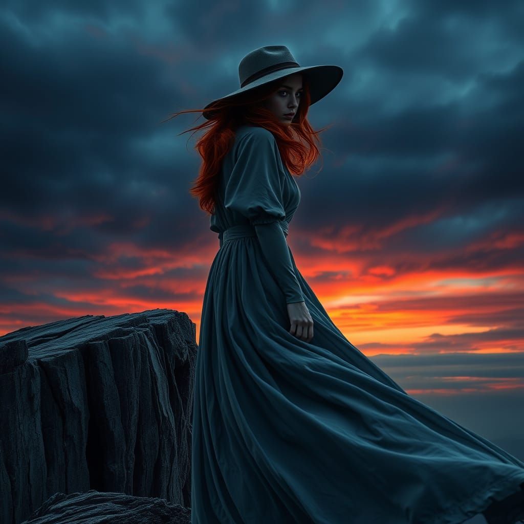 Silhouetted against a bruised twilight sky, a young woman with fiery red hair, her face obscured by a wide-brimmed hat